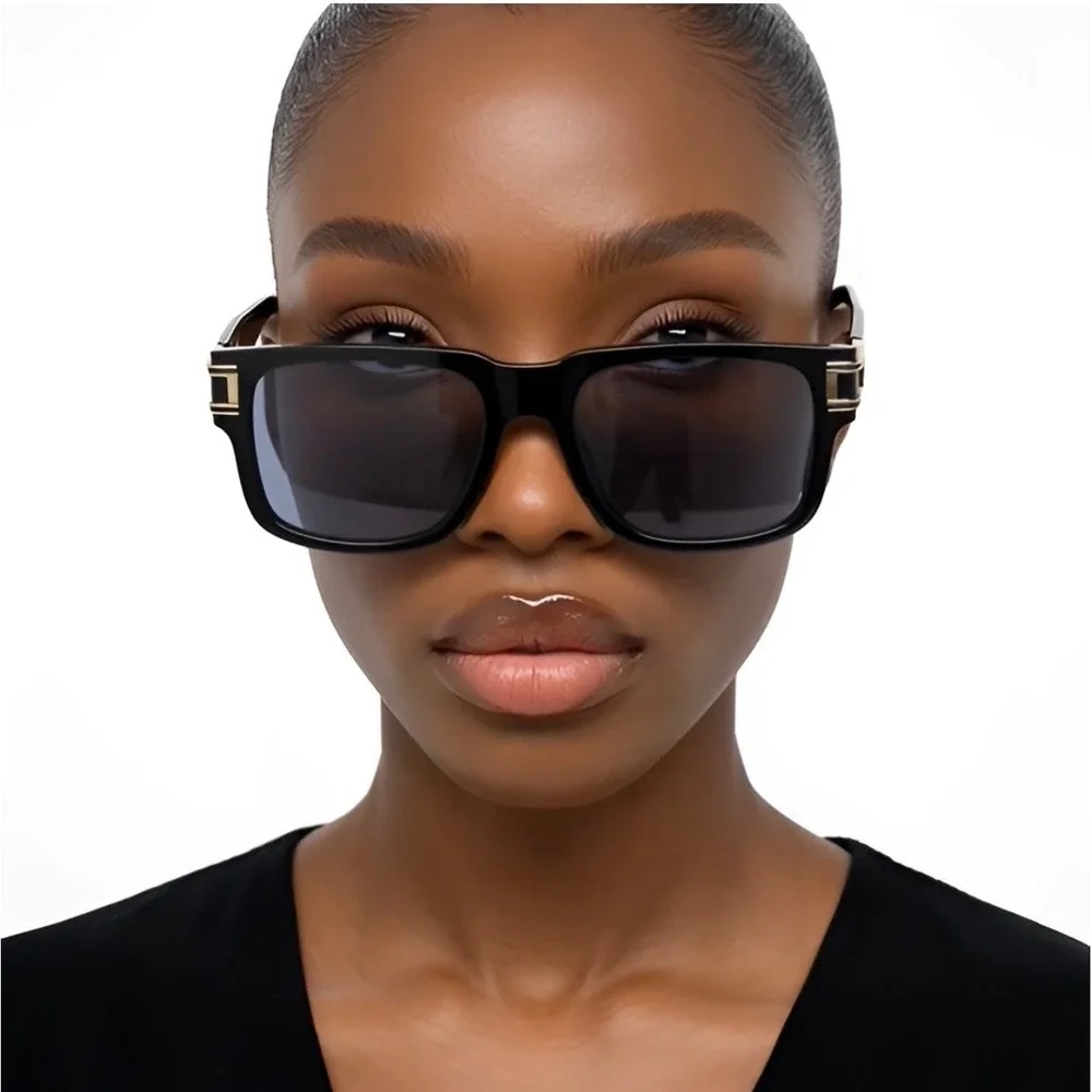 Black Women Square Sunglasses Gold Temple Detail Dark Grey Lens Fashion 2026 New